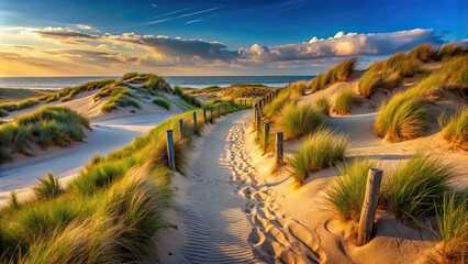 Sticker - Scenic dune path winding through sandy landscape, desert, trail, footprints, adventure, sandy, nature, dry, arid, explore