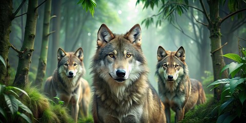 Sticker - Wolves hunting in dense jungle, with eyes sharp and senses heightened, wolves, prowl, jungle, alert, prey, danger, hunt, pack