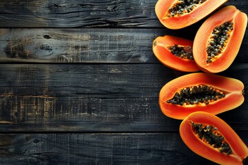 Wall Mural - Papaya slices on wood background Halved fruits