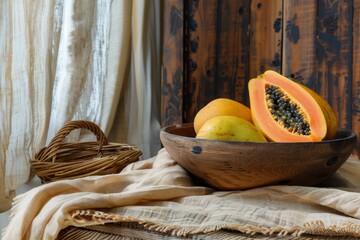 Sticker - Papayas in wooden pot straw basket rustic fabric backdrop