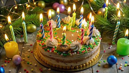 Poster - Birthday cake with colorful candles on top surrounded by festive decorations, celebration, dessert, party, candles, flames