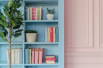 Wall Mural - Pink and blue books arranged in a bookcase A potted plant on top White interior for room decor