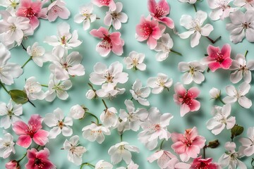 Canvas Print - Pink and white sakura flowers on color background creative composition Springtime card and layout holiday concept Flat lay top view floral design