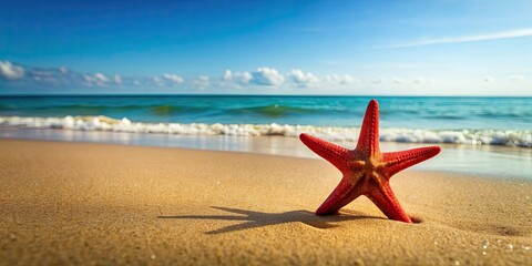 Sticker - Sunny beach sand hosts red starfish in solitude, sunny, beach, sand, red starfish, solitude, peaceful, tranquil, nature