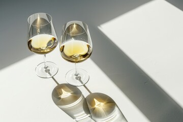 Wall Mural - White wine glasses with dark shadow on white table from top view