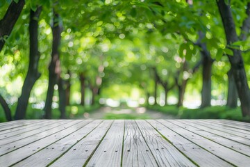 Wall Mural - White wood perspective over blurred trees with bokeh background during spring and summer