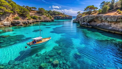 Poster - Boat in a lagoon sailing on a sea with azure blue and water. Vacation spirit in Mallorca, Balearic Islands, Mediterranean Sea