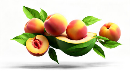 Poster - Peach fruit and green leaves isolated on transparent background