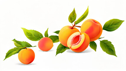Poster - Peach fruit and green leaves isolated on transparent background