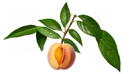 Poster - Peach fruit and green leaves isolated on transparent background