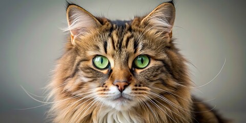 Wall Mural - Close-up photo of a fluffy tabby cat with green eyes , feline, animal, pet, domestic, fur, whiskers, cute, adorable, furry