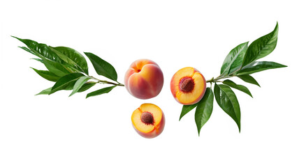 Poster - Peach fruit and green leaves isolated on transparent background