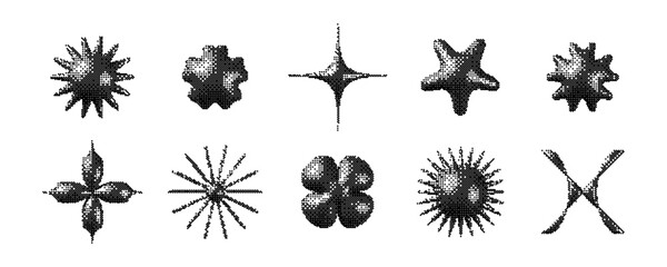 Poster - Pixelated 3d Y2K shape set. Bitmap stars, flowers, sparkles, waves element collection. Retro 8 bit sticker form bundle for poster, banner, collage, graphic design. Vector dither geometric object pack