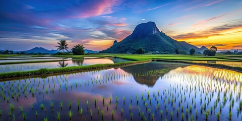 Poster - Famous historical Keriang Hill with paddy rice field and blue hour sky reflection after sunset