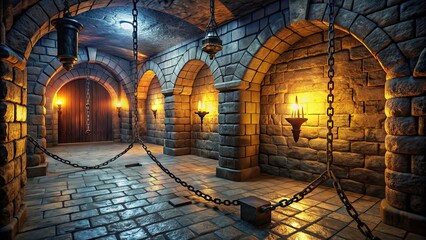 Poster - Medieval castle dungeon interior with torches, chains, and cobblestone walls, dungeon, castle, medieval, interior, torch, chains