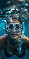 Wall Mural - A woman wearing snorks and goggles underwater.