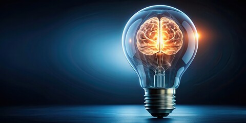 Poster - Glowing brain inside a light bulb with creative concept, brain, light bulb, glowing, intelligence, creativity, innovation