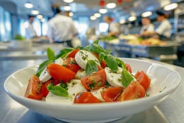 Wall Mural - Insalata Caprese
in a simple white plate against the backdrop of a restaurant kitchen classroom shot