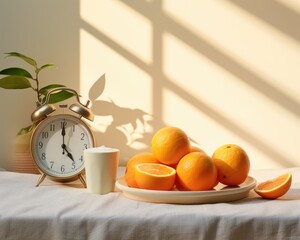 Wall Mural - Fresh Beginnings: Minimalistic Dawn Scene with Fruits and Clock on Clean Background