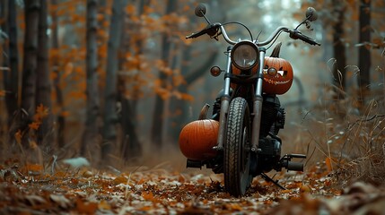 Canvas Print - A pumpkin motorbike for fall in the forest