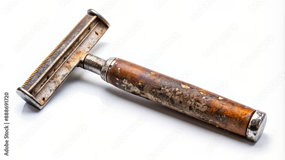 Isolated old razor with rust and worn handle , vintage, antique, metal ...