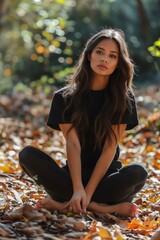 Poster - A young woman sitting in the leaves.