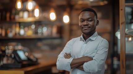 Poster - A young african man standing in a bar.