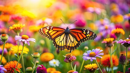 Sticker - Colorful butterfly in a field of flowers, butterfly, colorful, vibrant, field, nature, beauty, wings, insects, summer