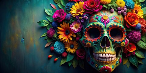 Sticker - Colorful skull adorned with vibrant flowers and leaves, creating a festive and celebratory atmosphere , skull