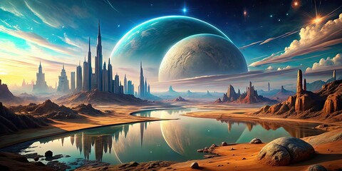 Wall Mural - futuristic landscape on an extraterrestrial planet, alien, otherworldly, sci-fi, space, futuristic, 