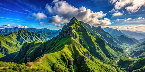 Sticker - Dramatic mountain ridge with lush greenery and clear blue skies , summer, mountains, ridge, dramatic, landscape, nature