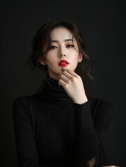 Wall Mural - A beautiful woman in black turtleneck sweater with red lips.