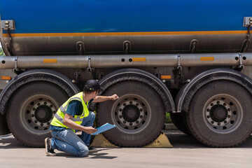 Asian truck drivers diligently inspecting the tires and wheels of their trucks for safety, ensuring secure and reliable journeys on the road.