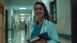 © VISUAL BACKGROUND - A smiling female doctor holding a folder in a hospital hallway.