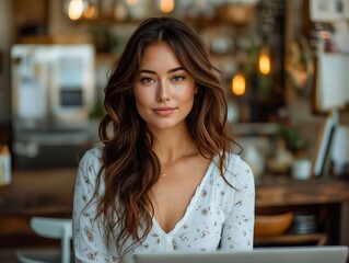 Poster - Beautiful woman working on her laptop in a cafe.