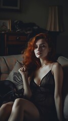 Poster - A woman with red hair sitting on a couch.