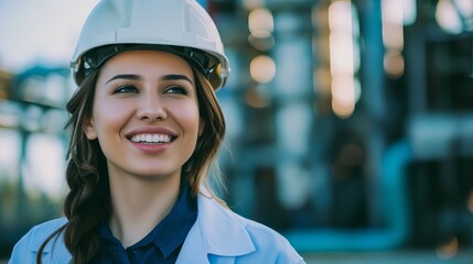 Wall Mural - A woman in a hard hat smiling.