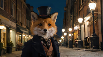 a fox wearing a top hat and a suit on a street