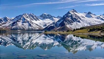 Canvas Print - Breathtaking view of snow-capped mountains reflecting in crystal clear lake, majestic, scenic, mountains, landscape