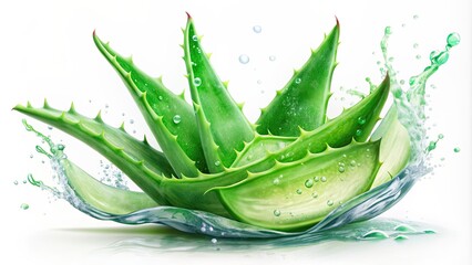 Green aloe-vera floating in isolated watercolor splash , aloe vera, green, isolated, watercolor, ink, gel, splash, plant