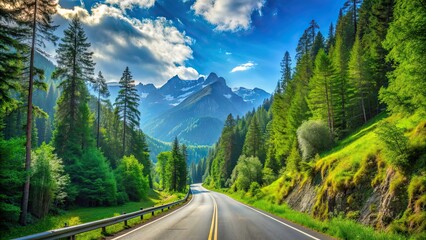 Sticker - Scenic mountain road surrounded by lush forest and clear blue skies, mountain, road, travel, transportation, journey