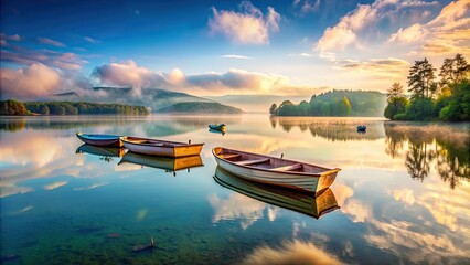 Canvas Print - Boats peacefully floating on a calm lake , tranquil, serene, water, reflections, leisure, relaxation, stillness, scenic