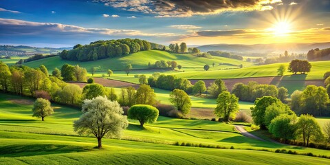 Poster - Sunny countryside landscape with green trees and lush fields, beautiful, morning, sunrise, countryside, landscape, trees, green