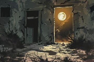 Mysterious moonlit room with a dark door and overgrown plants