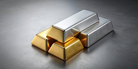 Shiny silver ingot and gold bullion bars on grey background, silver, ingot, gold, bullion, bars, shiny, precious metals