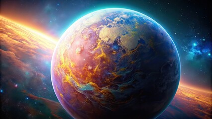 Wall Mural - vibrant and minimalist stock photo of an otherworldly exoplanet with unique terrain, exoplanet, othe