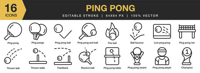 Wall Mural - Set of 16 Ping Pong icon set. Editable Stroke Icon Collection. Includes ball bounce, champion, ping pong net, ping pong table, and More. Outline icons vector collection.