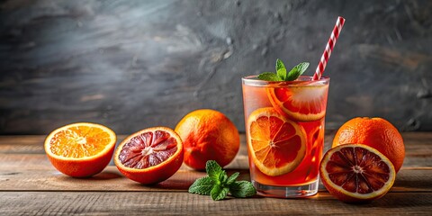 Poster - Eisgek?hlte Blutorangen Limonade mit Orangenscheibe und Strohhalm , refreshment, beverage, drink, citrus, cold, fruit, sliced, straw