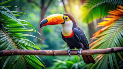 Wall Mural - Colorful toucan bird sitting on a tree branch in a tropical forest , vibrant, exotic, wildlife, nature, tropical, plumage