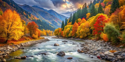 Sticker - Mountain river flowing through colorful autumn trees , autumn, mountain, river, nature, fall, foliage, water, landscape, tranquil